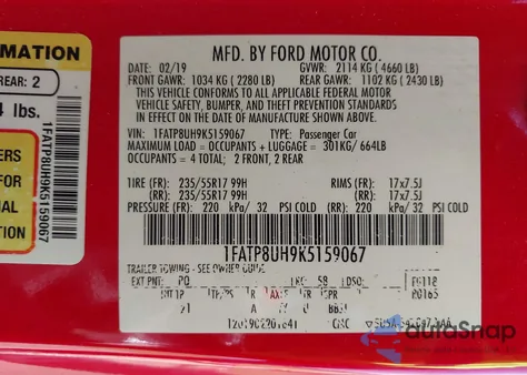 2019 Ford Mustang Ecoboost из США, поврежденный, VIN 1FATP8UH9K5159067